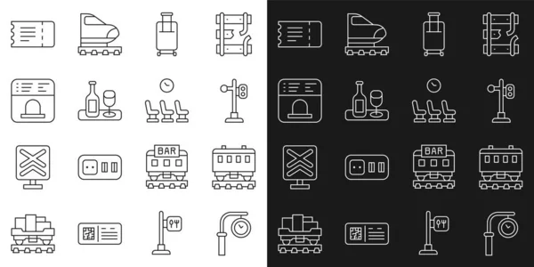 Set Line Train Station Clock Passenger Train Cars Traffic Light — Archivo Imágenes Vectoriales