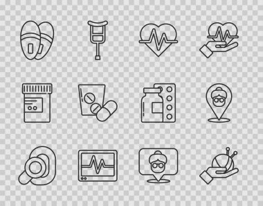 Set line Hearing aid, Yarn ball with knitting needles, Heart rate, Monitor cardiogram, Slippers, Medicine pill tablet, Nursing home and  icon. Vector