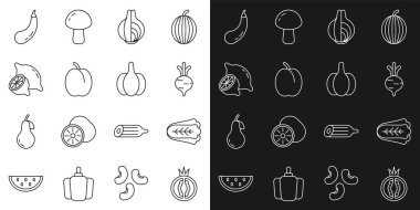 Set line Tomato, Cabbage, Beet, Onion, Plum fruit, Lemon, Eggplant and Garlic icon. Vector