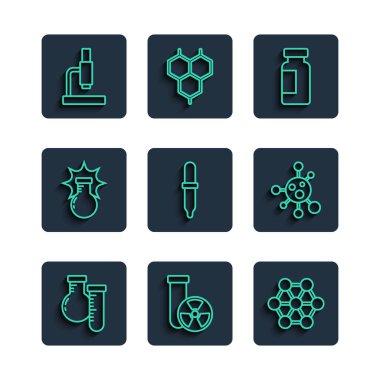 Set line Test tube and flask, radiation, Molecule, Pipette, Chemical explosion, Microscope and  icon. Vector