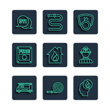 Set line Fire truck, hose reel, Firefighter, Gas mask, in burning house, alarm system, Telephone call 911 and  icon. Vector