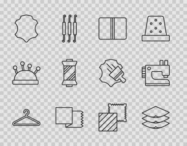 Set line Hanger wardrobe, Layers clothing textile, Textile fabric roll, Leather, Sewing thread on spool,  and machine icon. Vector