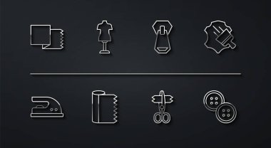 Set line Textile fabric roll, Electric iron, Leather, Scissors, Mannequin, Sewing button and Zipper icon. Vector