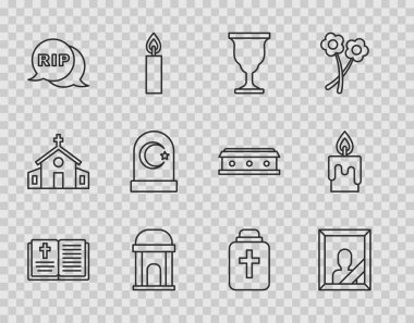Set line Holy bible book, Mourning photo frame, Christian chalice, Old crypt, Speech bubble rip death, Muslim cemetery, Funeral and Burning candle icon. Vector