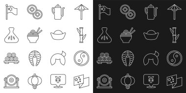 Set line China flag, Yin Yang, Bamboo, Chinese tea ceremony, Asian noodles bowl, Dumpling, flagpole and Sushi icon. Vector