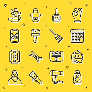 Set line Bottle of shampoo, Bar soap with foam, Calendar haircut day, Dustpan, Shaving brush, Barber online service or platform,  and Mop icon. Vector