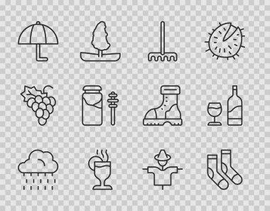 Set line Cloud with rain, Socks, Garden rake, Mulled wine, Umbrella, Jar of honey and dipper stick, Scarecrow and Wine bottle glass icon. Vector