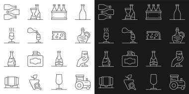 Set line Tractor, Wine tasting, degustation, italian fiasco bottle, Bottles of wine box,  and Cheese icon. Vector