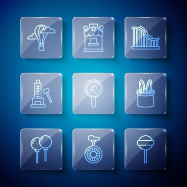 Set line Balloons with ribbon, Unicycle or one wheel bicycle, Lollipop, Roller coaster, Striker attraction hammer, Hot air balloon and Magician hat and rabbit ears icon. Vector