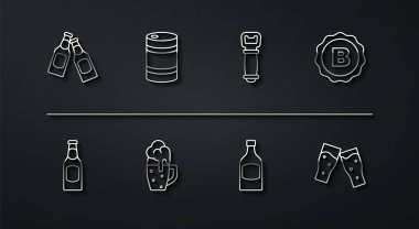 Set line Beer bottle, Bottle cap with beer, Glass of, Metal keg,  and opener icon. Vector