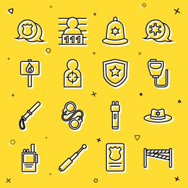Set line Crime scene, Sheriff hat with badge, Walkie talkie, British police helmet, Human target sport for shooting, Protest, Police and  icon. Vector