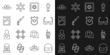 Set line Police helmet, Walkie talkie, Safety goggle glasses, rubber baton, Plastic bag of drug, Sheriff hat with badge and  icon. Vector