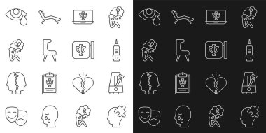 Set line Solution to the problem, Metronome with pendulum, Addiction drug, Psychologist online, Armchair, Broken heart or divorce, Tear cry eye and Psychology, Psi icon. Vector