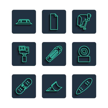 Set line Broken skateboard deck, Skate park, Longboard or, Skateboard helmet, Action camera, stairs with rail and wheel icon. Vector