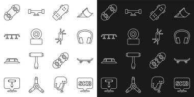 Set line Skateboard, Headphones, wheel, stairs with rail,  and Tool allen keys icon. Vector