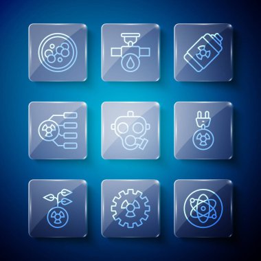 Set line Radioactive, Atom, Nuclear energy battery, Gas mask, Molecule and Radiation electrical plug icon. Vector