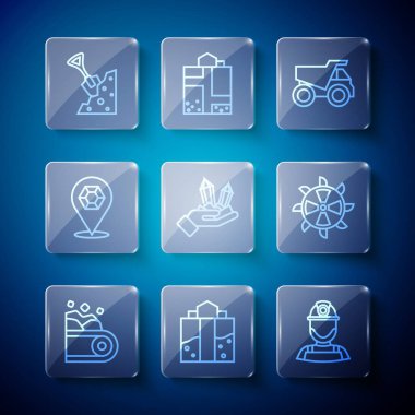 Set line Conveyor belt carrying coal, Mine entrance, Miner helmet, Mining dump truck, Gem stone, Shovel and and Bucket wheel excavator icon. Vector