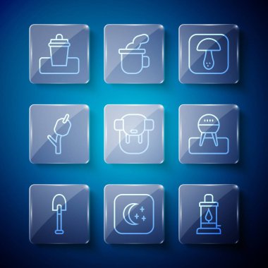 Set line Shovel, Moon and stars, Camping lantern, Mushroom, Hiking backpack, Marshmallow stick, Trash can and Barbecue grill icon. Vector