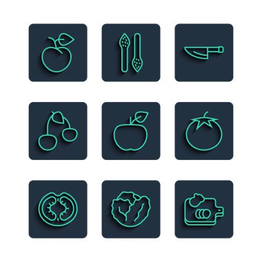 Set line Tomato, Cabbage, Cutting board with vegetables, Knife, Apple, Cherry, Peach fruit or nectarine and  icon. Vector