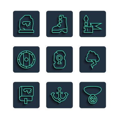 Set line Viking book, Anchor, Necklace with gem, Medieval spear, Magic rune, Shield viking,  and Cloud and lightning icon. Vector