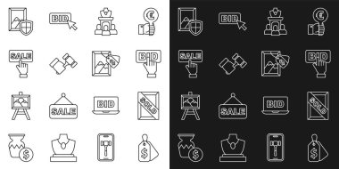 Set line Price tag with Sale, Auction painting sold, Bid, jewelry sale, hammer,  and  icon. Vector