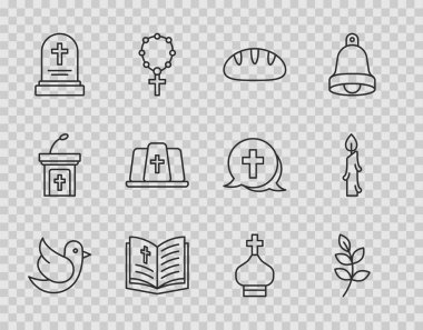 Set line Dove, Willow leaf, Christian bread, Holy bible book, Grave with tombstone, Pope hat, church tower and Burning candle icon. Vector