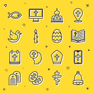 Set line Church bell, Christian cross on phone, Holy bible book, building, Burning candle, Dove, fish symbol and Easter egg icon. Vector