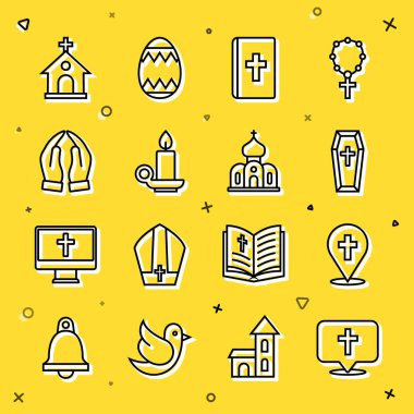 Set line Location church building, Coffin, Holy bible book, Burning candle candlestick, Hands praying position, Church and  icon. Vector
