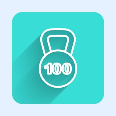 Beyaz çizgi ağırlık simgesi uzun gölge arkaplanı ile izole edildi. Kilogram ağırlık kaldırmak ve ölçmek için ağırlık bloğu. Kütle sembolü. Yeşil kare düğmesi. Vektör