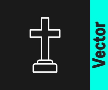 Beyaz Çizgili Adam, siyah arka planda izole edilmiş cenaze kederi simgesini mezarına gömdü. Üzüntü, üzüntü, keder, ölüm duygusu. Vektör