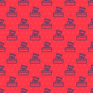 Blue line Radioactive waste in barrel icon isolated seamless pattern on red background. Toxic waste contamination on water. Environmental pollution.  Vector