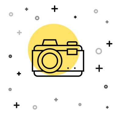 Siyah çizgi fotoğraf makinesi simgesi beyaz arkaplanda izole edildi. Foto kamera. Dijital fotoğrafçılık. Rastgele dinamik şekiller. Vektör