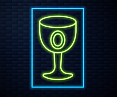 Parlayan neon hattı Ortaçağ kadeh ikonu tuğla duvar arka planında izole edilmiş. Kutsal Kase. Vektör