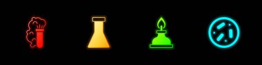 Set Chemical explosion, Test tube and flask, Alcohol or spirit burner and Petri dish with bacteria icon. Vector