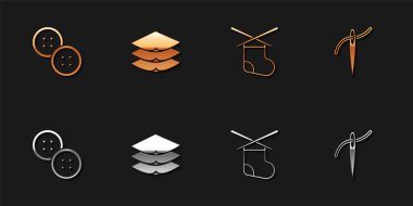 Set Sewing button, Layers clothing textile, Knitting needles and Needle with thread icon. Vector