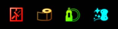 Set Rubber cleaner for windows, Toilet paper roll, Dishwashing liquid bottle and Sponge icon. Vector