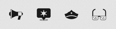 Set Megaphone, Hexagram sheriff, Police cap with cockade and Safety goggle glasses icon. Vector