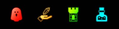 Set Ghost, Magic stone, Castle tower and Bottle with potion icon. Vector