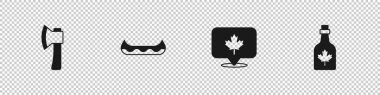Set Wooden axe, Kayak, Canadian maple leaf and Bottle of syrup icon. Vector