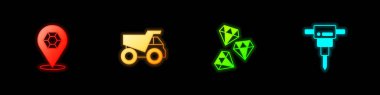Set Gem stone, Mining dump truck,  and Construction jackhammer icon. Vector