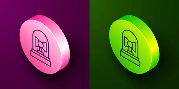 等距线Flasher警笛图标隔离在紫色和绿色背景 紧急闪闪警笛圆形按钮 — 图库矢量图片