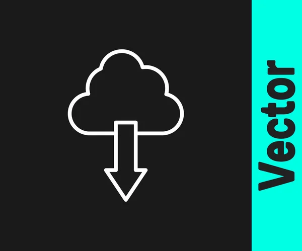 White Line Cloud Download Icon Isolated Black Background Vector — Vector de stock