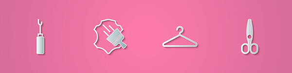 Set paper cut Awl tool, Leather, Hanger wardrobe and Scissors icon. Paper art style. Vector