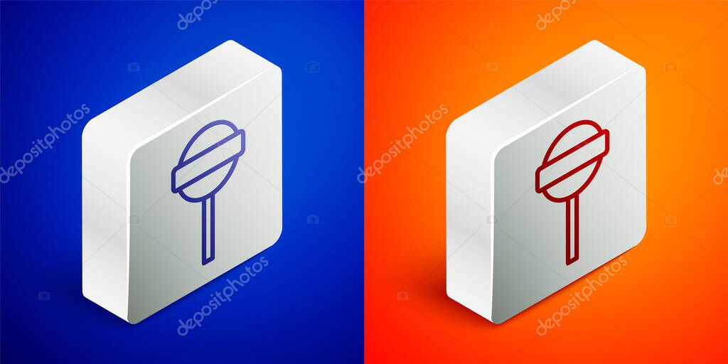 Isometric line Lollipop icon isolated on blue and orange background. Food, delicious symbol. Silver square button. Vector
