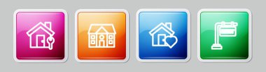 Set line House with key, , heart shape and Hanging sign Rent. Colorful square button. Vector