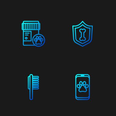 Set line Veterinary clinic, Pets vial medical, Dog medicine bottle and Animal health insurance. Gradient color icons. Vector