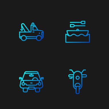 Set line Scooter, Car, Tow truck and Boat with oars. Gradient color icons. Vector