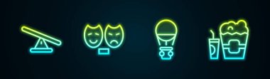 Set line Seesaw, Comedy and tragedy masks, Hot air balloon and Popcorn in box glass. Glowing neon icon. Vector