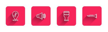 Set line Location musical note, Speaker volume, Drum and Clarinet with long shadow. Red square button. Vector