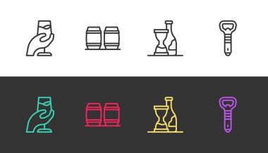 Set line Wine tasting, degustation, Wooden barrel for wine, Bottle of and opener on black and white. Vector